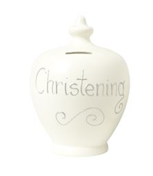White Christening Pot with Silver Writing