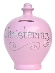 Pink Christening Pot with Silver Writing