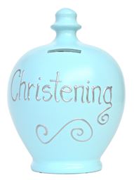 Blue Christening Pot with Silver Writing