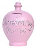 T00000-28: Pink Christening Pot with Silver Writing